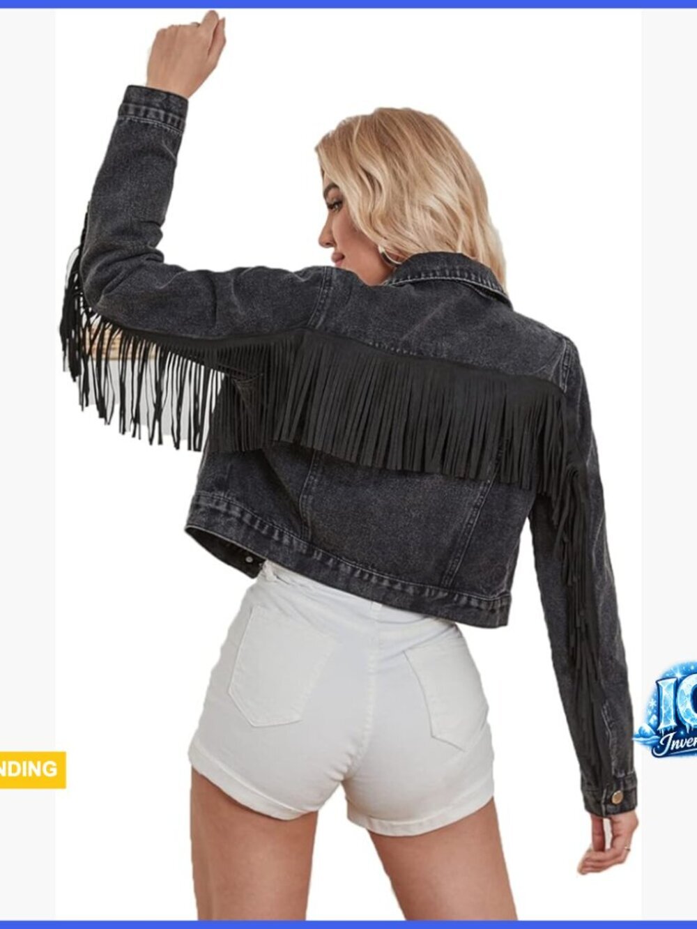 Cropped Denim Jacket with Fringe Long Sleeve Distressed